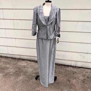 Cachet Silver Gray Embroidered Blouson Peplum Dress Matching Blazer Jacket 10